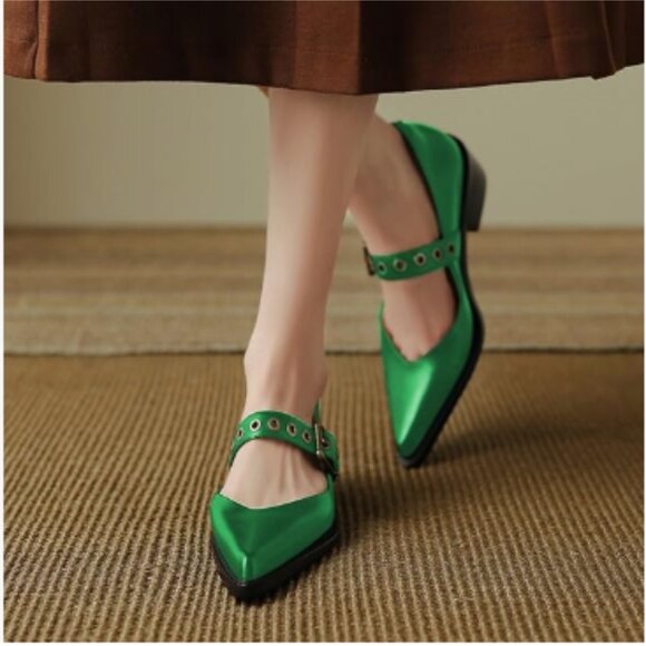 YDN Shoes - YDN Green Pointed Toe Mary Jane Chunky Heels Pumps Loafers Hollow Buckle Shoes